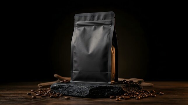 Elegant coffee bean bag mockup with scattered beans on a dark wooden surface