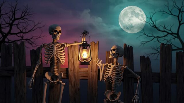 Two skeletons with lantern by a wooden fence at night