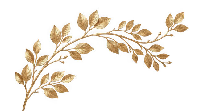 Golden decorative branch with leaves isolated on transparent background