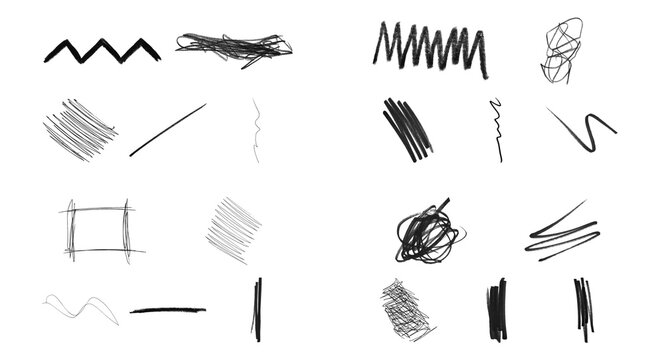 Set of black hand drawn pencil scribble marks and doodle lines isolated on a simple flat surface