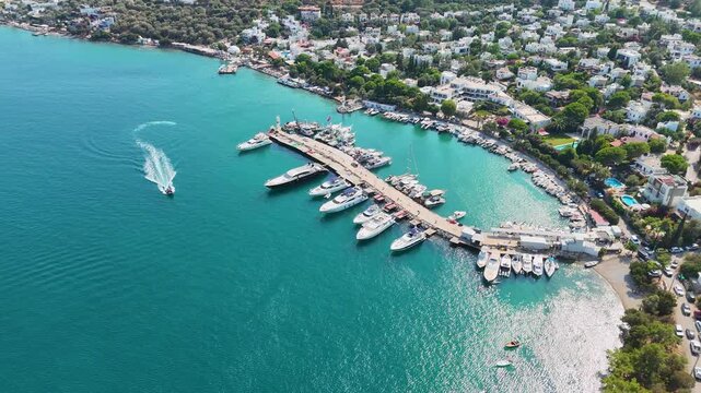 Aerial Drone Flyover Torba G&ouml;lk&ouml;y Marina Turkey Turquoise Bay