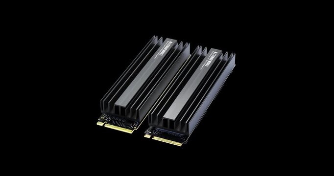 Metal cooling heatsink dropping onto premium computer solid state drive in dark space with orbiting camera