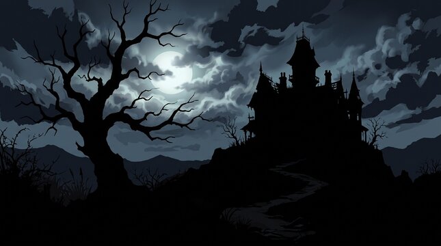 Spooky halloween haunted mansion silhouette under full moon night