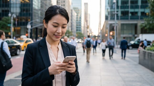 Asian Businesswoman Texting on Smartphone While Walking on Busy City Street
