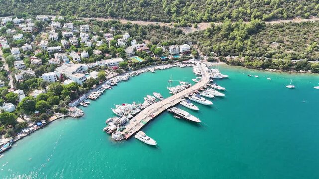 Aerial Drone Flyover Torba G&ouml;lk&ouml;y Marina Turkey Turquoise Bay