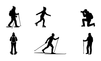 Naklejka premium Winter Sports Silhouettes: Snowshoeing, Ice Skating, Skiing, Photography Icons