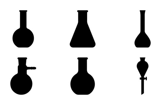 Laboratory Glassware Icons, Science Equipment Silhouettes, Chemistry Flasks Set, Medical Research Tools