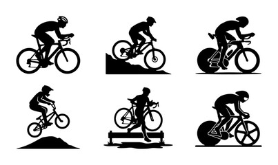 Fototapeta premium Cycling Silhouettes: Diverse Bicycle Sports Icons, Action Poses, Vector Graphics Set