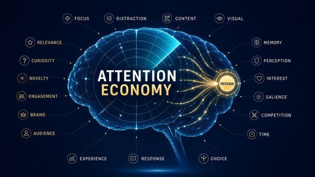 Attention Economy in digital marketing, consumer psychology and media engagement infographic