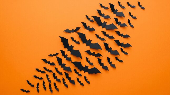 Black bats flying on orange background for halloween