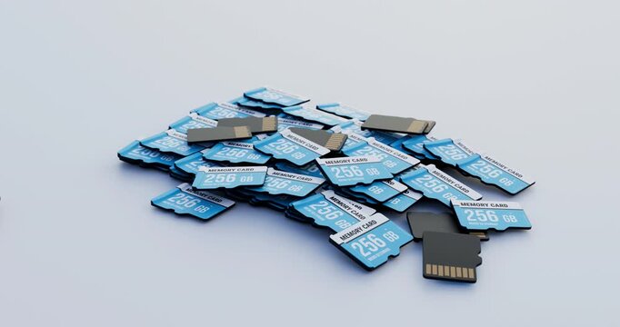 Pile of blue micro sd memory cards dropping on clean white background illustrating mass portable storage