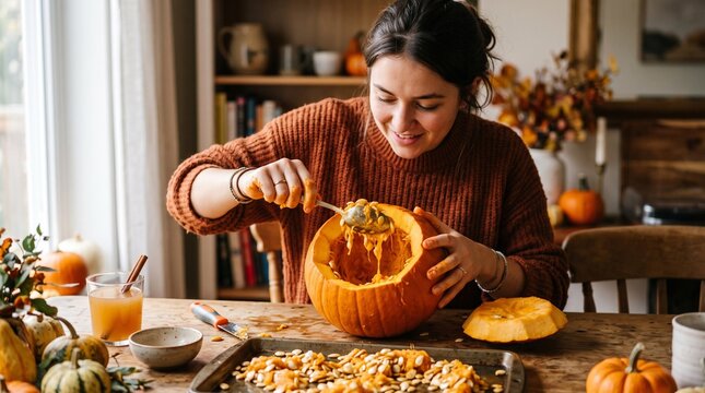 Young woman scooping out seeds from a halloween pumpkin
