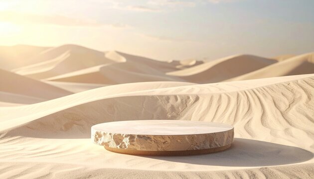 Circular stone platform in vast desert sand dunes