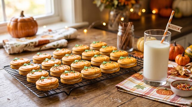 Halloween pumpkin sandwich cookies and milk on a rustic table