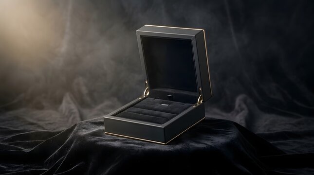 Elegant open jewelry box with dark velvet interior in dramatic lighting