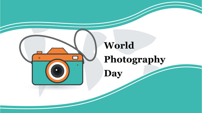 World photography day conceptual banner with teal camera and strap vector art