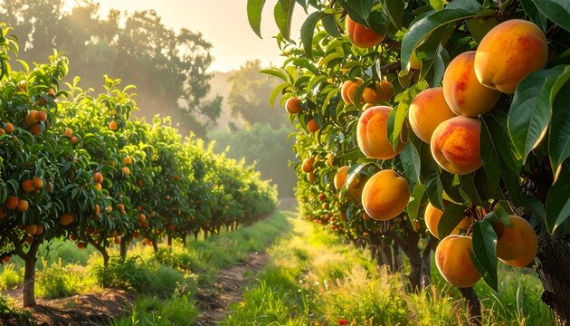 Sunlit Orchard with Ripe Peaches on Fruit Trees.