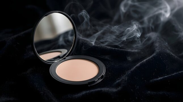 Luxurious cosmetic powder compact with mirror in moody dark artistic lighting