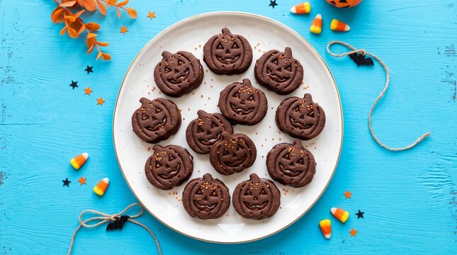 Homemade halloween pumpkin chocolate cookies on a white plate