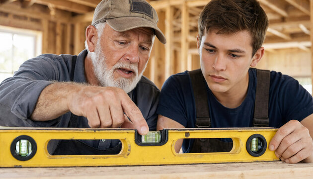 Experienced craftsman teaching young man practical skills