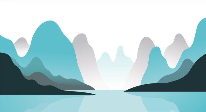 Minimalist Blue Mountain Landscape Lake Reflection Vector Background Graphic Illustration Art