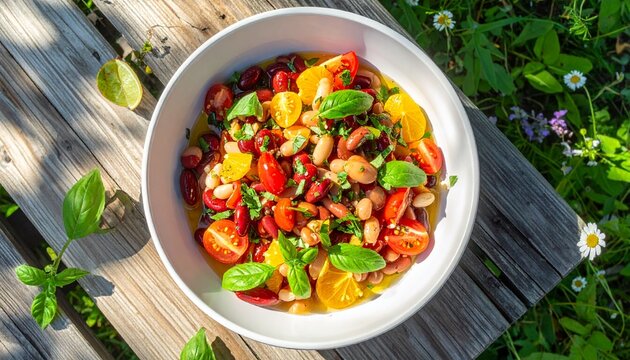Fresh colorful vegetable salad in white bowl on wooden table.