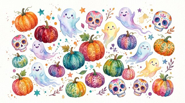 Cute watercolor halloween pumpkin ghost and sugar skull collection