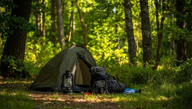 Green Tent Camping Setup in a Dense Forest Clearing.