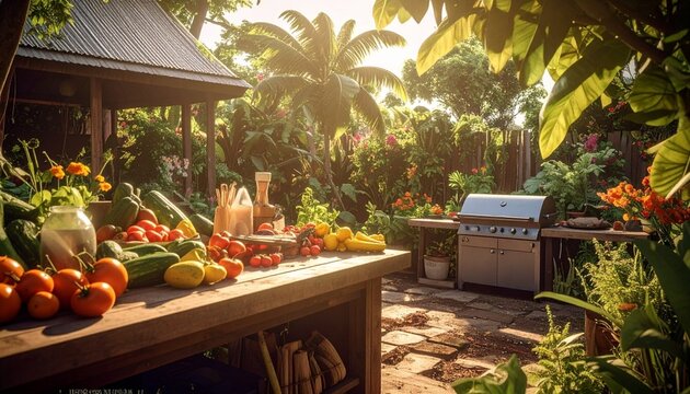 Outdoor garden party with fresh vegetables and grill setup.