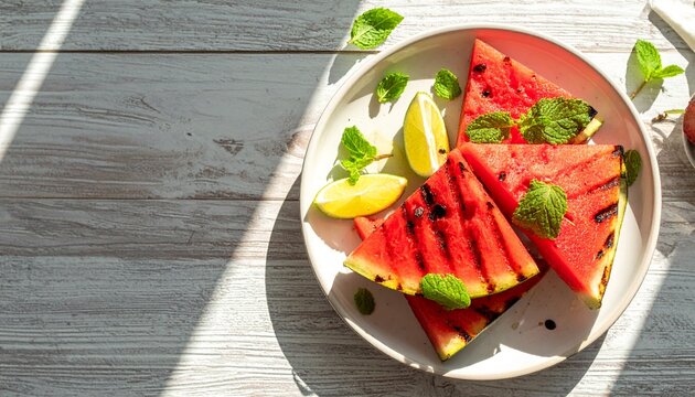 Fresh watermelon slices with lime and mint on plate.