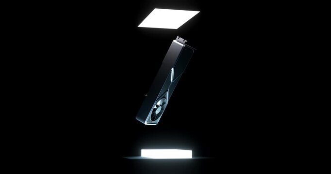 Orbiting camera view around computer graphics processing unit with fast spinning fan floating on glowing platform in dark space