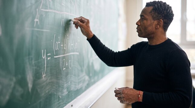 Black Science Professor Explaining Mathematics Formula on Blackboard in Classroom