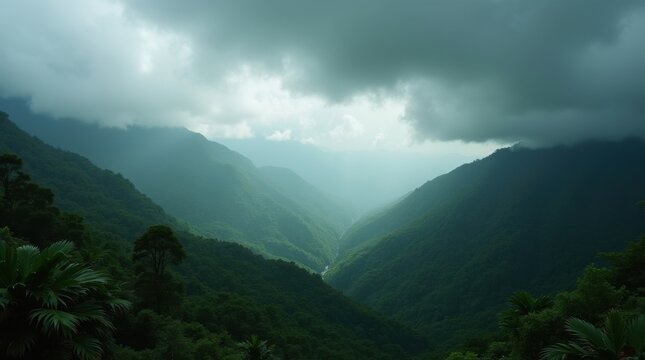 Tormenta tropical acerc&aacute;ndose a una exuberante selva tropical; nubes densas