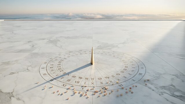 Minimalistic Sundial on White Marble Surface with Cloudy Sky Background