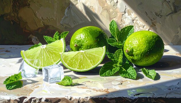 Fresh Limes and Mint Leaves on Rustic Table Setting.