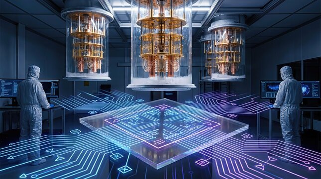 Cryostat, displaying advanced quantum processor technology, demonstrating superconducting qubit hardware within laboratory infrastructure for future scientific research and high-tech innovation.