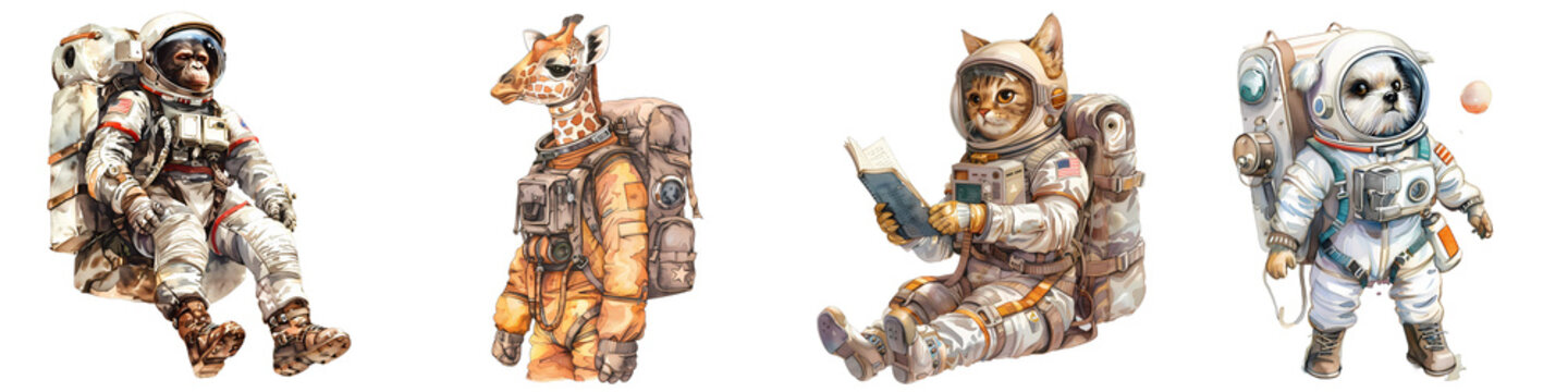 Whimsical animal astronauts exploring space in a vintage watercolor style illustration on black background