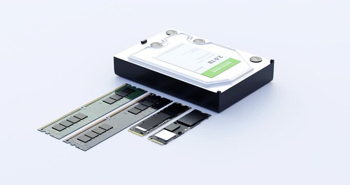 Orbiting camera view around set of computer storage hardware including hard disk solid state drive and ram on white background