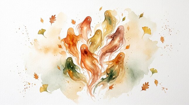 Watercolor halloween spirits floating with autumn leaves