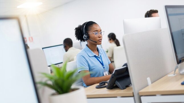 Black Woman Helpdesk Specialist and Telemarketer at Computer Desk in Open Space Office