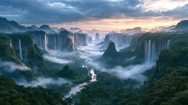 gigantic tropical canyon covered in dense rainforest, enormous vertical cliffs disappearing into clouds, multiple waterfalls cascading into the deep valley.