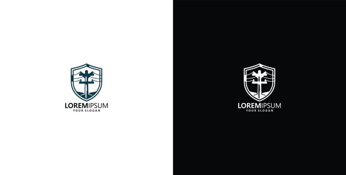 Electrical utility shield logo template with power line tower and protective emblem design