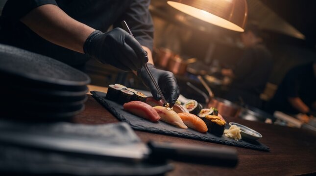 Sushi Chef Serving Fresh Nigiri and Maki Platter at Luxury Japanese Restaurant