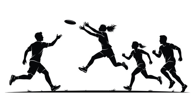 Athletic group of friends playing ultimate frisbee in this dynamic black vector graphic illustration depicting active people in motion together
