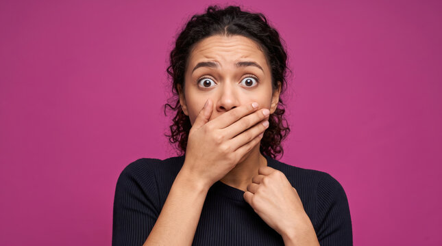 Shocked woman covering mouth with hand on pink background.