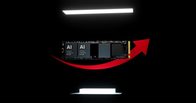 Artificial intelligence computer solid state drive floating with rising red arrow on glowing platform showing hardware demand