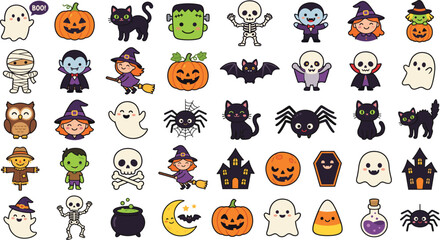 Obraz premium Set of cute halloween character illustrations including witches ghosts pumpkins bats and monsters on white background and color black with halloween, characters white background and color black