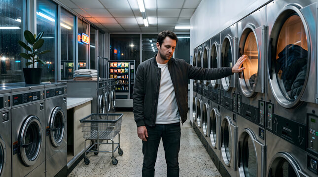 Man in a bomber jacket reaches out to a washing machine drum in a brightly lit, sterile laundromat, surrounded by rows of appliances and vending machines.