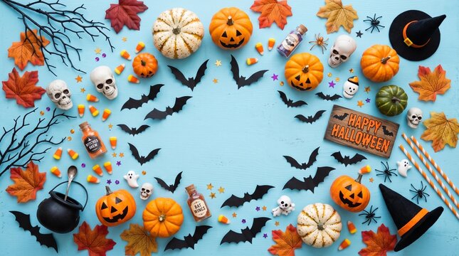 Halloween decorations border with pumpkins and bats on blue wood