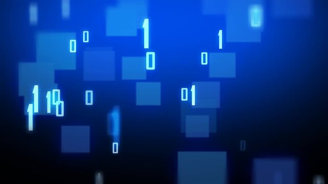 Animated blue technology background with floating binary numbers and geometric squares, creating a futuristic data and digital network visualization